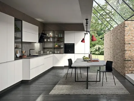 Cucina Moderna ad angolo Line 05 in laccato opaco Bianco con top in laminato effetto Marmo di Astra