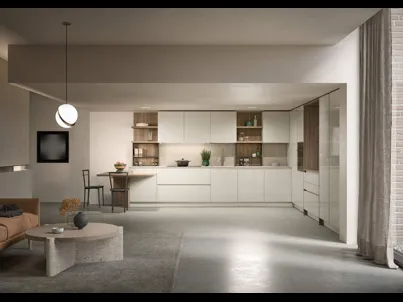 Cucina Moderna angolare laccata lucida con dettagli in legno Luce Composizione 05 di Prima Cucine