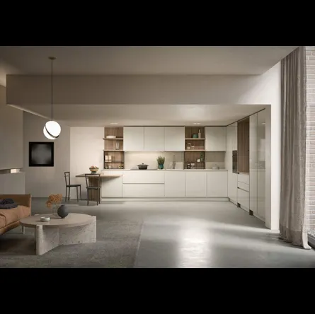 Cucina Moderna angolare laccata lucida con dettagli in legno Luce Composizione 05 di Prima Cucine