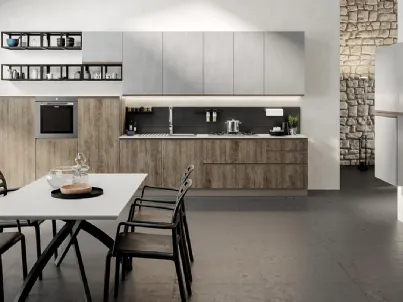 Cucina Moderna lineare Maia in melaminico finitura Cemento Grigio e Legno naturale di Evo Cucine