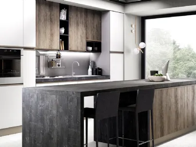 Cucina Moderna con isola Maia in melaminico finitura Legno naturale e Bianco opaco di Evo Cucine