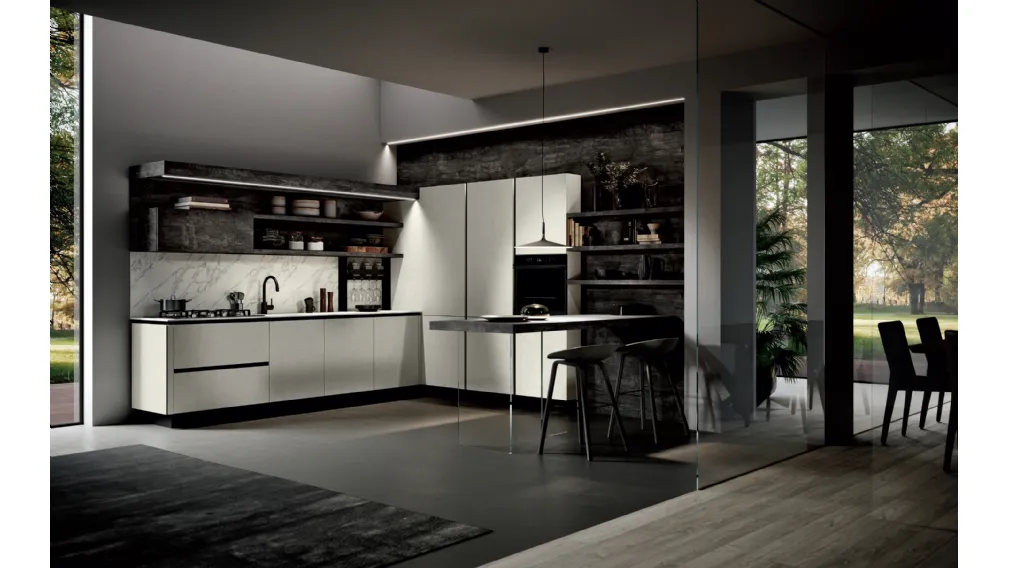 Cucina Moderna lineare Piana DM 0750 in melaminico spatolato Bianco e laminato Legno bruciato di Imab