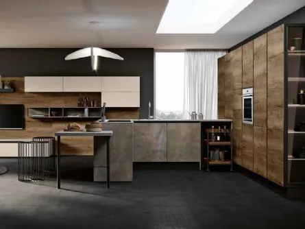 Cucina Moderna angolare in melaminico Rovere tabacco e Ardesia chiaro Piana Gola DM0664 di Imab