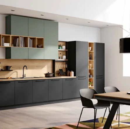 Cucina lineare Moderna in laccato Nero e Verde opaco con top in Rovere decapato Tropea DM0682 di Imab