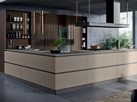 Cucina Moderna angolare Zen 01 in laminato finitura Terranova e Rovere Indy di Astra