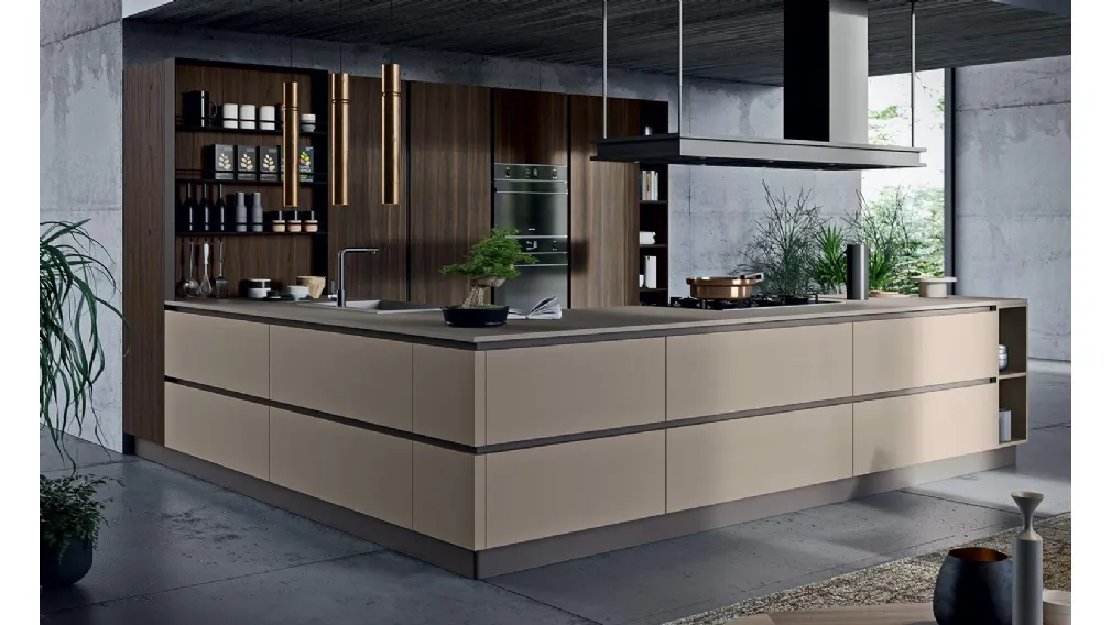 Cucina Moderna angolare Zen 01 in laminato finitura Terranova e Rovere Indy di Astra