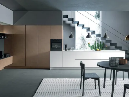 Cucina Moderna lineare Zen 04 in laccato opaco Bianco e Rame di Astra
