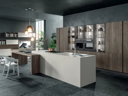 Cucina Moderna con penisola Zen 05 in laccato opaco Efeso e laminato Rovere Scuro di Astra