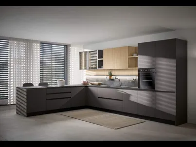 Cucina Moderna con penisola Zoe Composizione 02 in pet e melaminico rovere di Prima Cucine