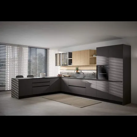 Cucina Moderna con penisola Zoe Composizione 02 in pet e melaminico rovere di Prima Cucine