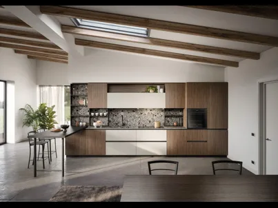 Cucina Moderna lineare con penisola Zoe Composizione 06 in melaminico noce e HPL canapa di Prima Cucine