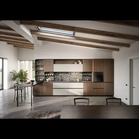 Cucina Moderna lineare con penisola Zoe Composizione 06 in melaminico noce e HPL canapa di Prima Cucine