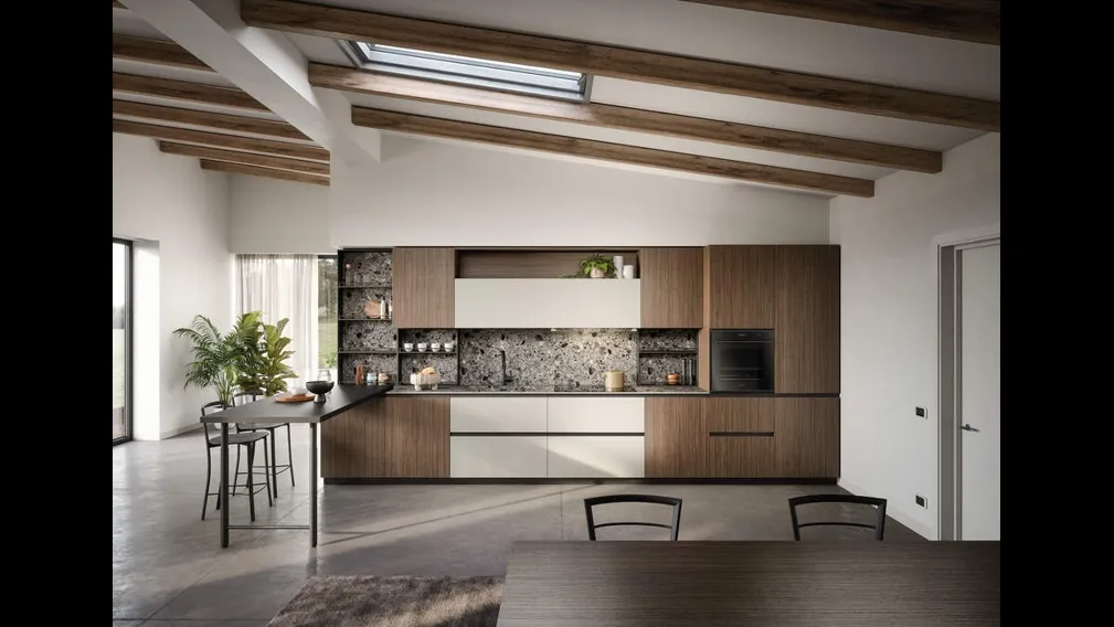 Cucina Moderna lineare con penisola Zoe Composizione 06 in melaminico noce e HPL canapa di Prima Cucine
