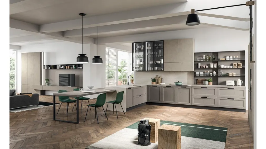 Cucina su misura angolare con penisola Old Line 02 in Frassino laccato finitura Terranova e pensili in laminato materico finitura Resina Sabbia di Astra