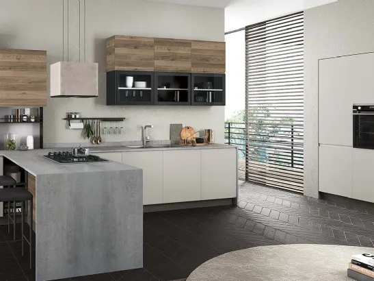 Cucina su misura con penisola Zen 03 in laminato finitura Canapa e Antracite di Astra