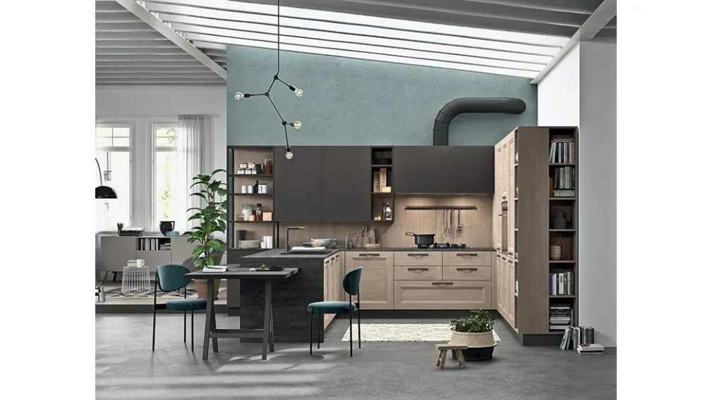Cucina in laminato, laccato e rovere nodato con isola centrale Ego di Astra