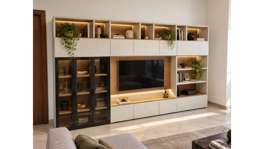 Progettazione Zona Living a Civitavecchia: Elegante Parete Attrezzata, Vetrina LED e Madia Abbinata