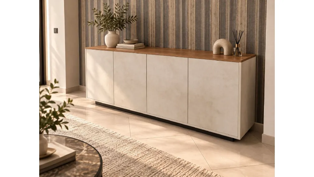 Progettazione Zona Living a Civitavecchia: Elegante Parete Attrezzata, Vetrina LED e Madia Abbinata